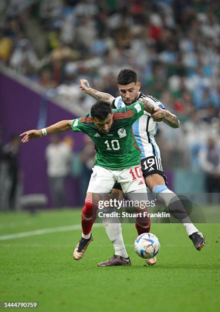 Alexis Vega of Mexico battles for possession with Nicolas Otamendi of Argentina during the FIFA World Cup Qatar 2022 Group C match between Argentina...