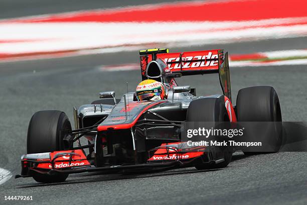 Lewis Hamilton of Great Britain and McLaren drives during the Spanish Formula One Grand Prix at the Circuit de Catalunya on May 13, 2012 in...