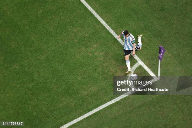 Lionel Messi of Argentina takes a corner kick during the FIFA World Cup Qatar 2022 Group C match between Argentina and Mexico at Lusail Stadium on...