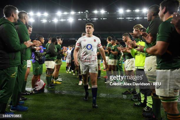 Owen Farrell of England looks dejected after the Autumn International match between England and South Africa at Twickenham Stadium on November 26,...