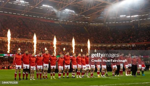 The Welsh Team sings the National Anthem ahead of the Autumn International match between Wales and Australia at Principality Stadium on November 26,...