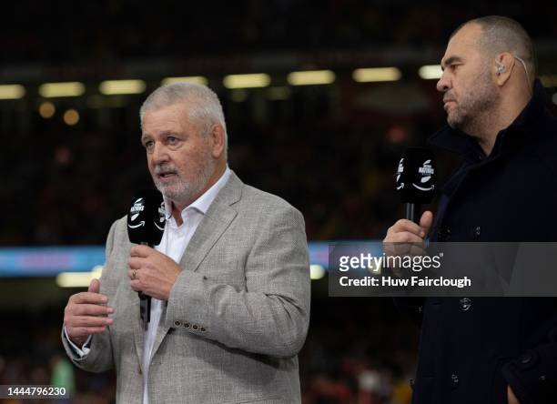Ex Wales Coach Warren Gatland and Michael Cheika Head Coach of Argentina commentate during the Autumn International match between Wales and Australia...