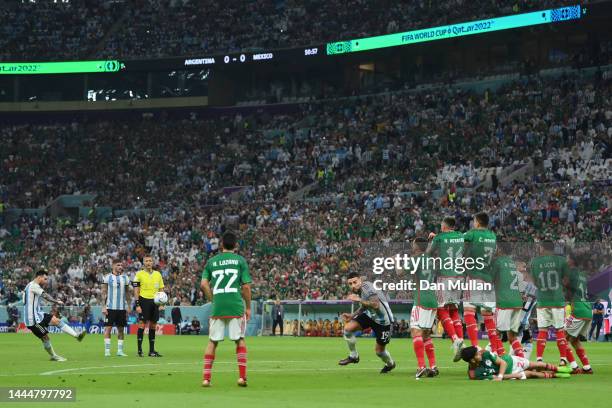 Lionel Messi of Argentina takes a free kick during the FIFA World Cup Qatar 2022 Group C match between Argentina and Mexico at Lusail Stadium on...