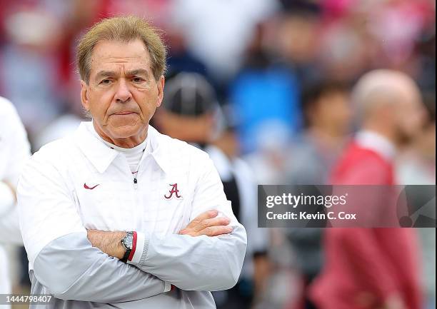 Ead coach Nick Saban of the Alabama Crimson Tide looks on during pregame warmups prior to facing the Auburn Tigers at Bryant-Denny Stadium on...