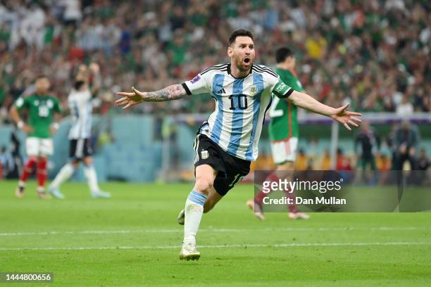Lionel Messi of Argentina celebrates scoring their team's first goal during the FIFA World Cup Qatar 2022 Group C match between Argentina and Mexico...