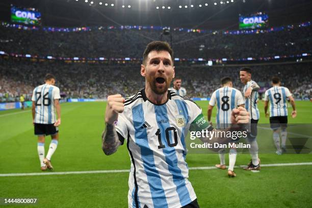 Lionel Messi of Argentina celebrates scoring their team's first goal during the FIFA World Cup Qatar 2022 Group C match between Argentina and Mexico...