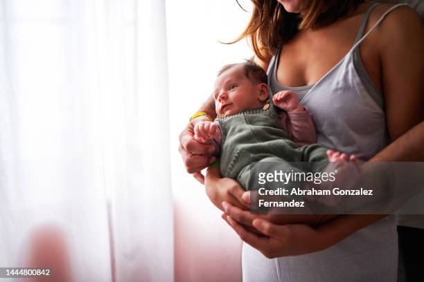 baby in the arms of his parents - baby 3 months stock-fotos und bilder