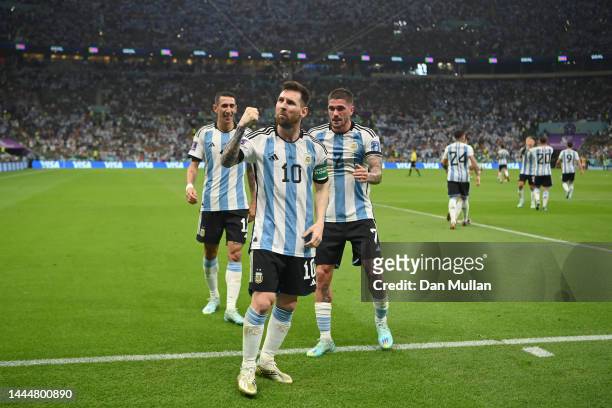 Lionel Messi of Argentina celebrates scoring their team's first goal during the FIFA World Cup Qatar 2022 Group C match between Argentina and Mexico...