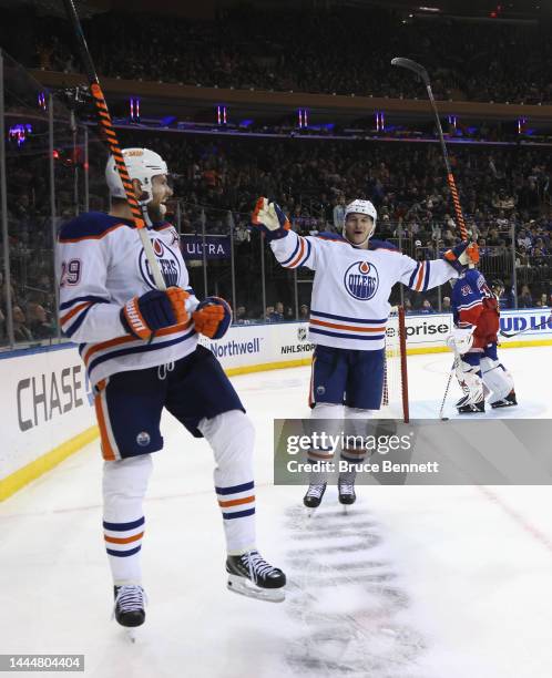 Leon Draisaitl of the Edmonton Oilers scores the game-winning on the powerplay at 17:58 of the third period against the New York Rangers and is...