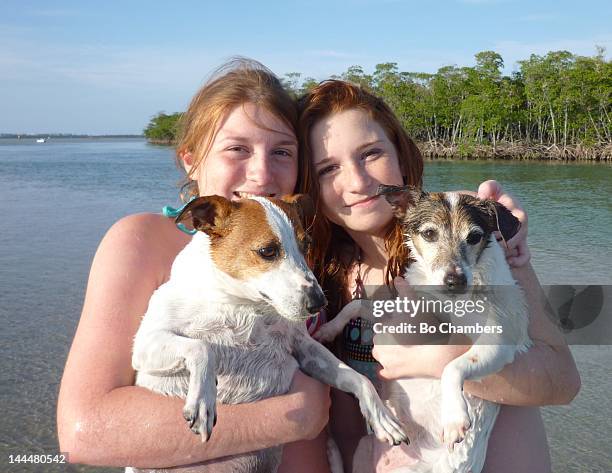 Two girls standing with dogs