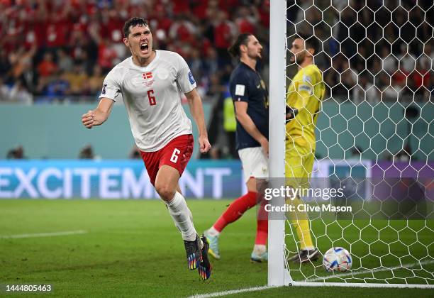 Andreas Christensen of Denmark celebrates after scoring their team's first goal during the FIFA World Cup Qatar 2022 Group D match between France and...