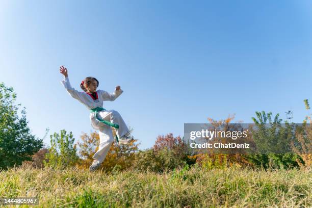 girl doing taekwondo training on grass in public park - karate girl stockfoto's en -beelden