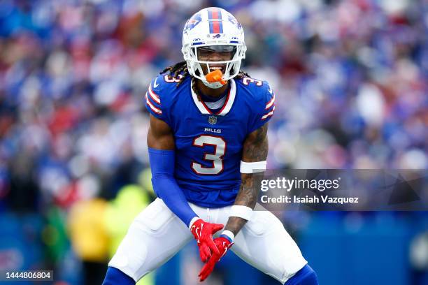 Damar Hamlin of the Buffalo Bills reacts to a play against the Minnesota Vikings at Highmark Stadium on November 13, 2022 in Orchard Park, New York.