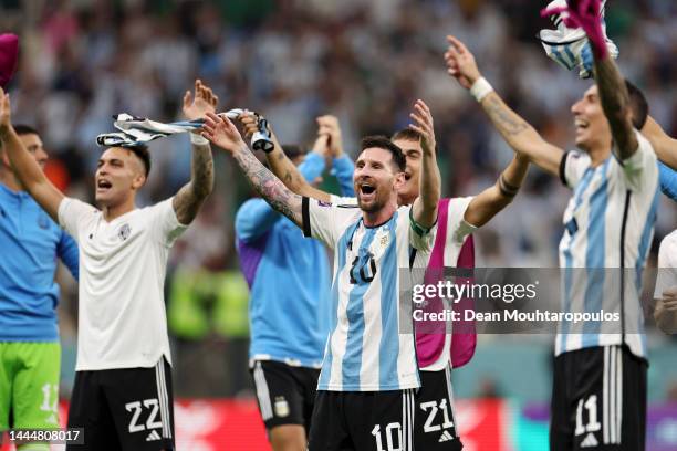 Lionel Messi and Argentina applaud fans after the 2-0 victory in the FIFA World Cup Qatar 2022 Group C match between Argentina and Mexico at Lusail...