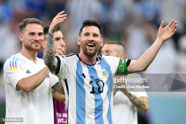 Lionel Messi of Argentina applauds fans after the 2-0 victory in the FIFA World Cup Qatar 2022 Group C match between Argentina and Mexico at Lusail...