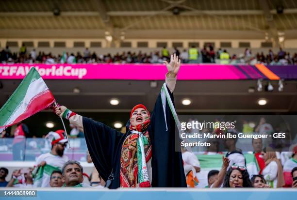 Fan of Iran support the team during the FIFA World Cup Qatar 2022 Group B match between Wales and Iran at Ahmad Bin Ali Stadium on November 25, 2022...