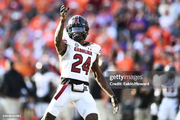 Marcellas Dial of the South Carolina Gamecocks celebrates breaking up a Clemson Tigers third down pass in the fourth quarter at Memorial Stadium on...