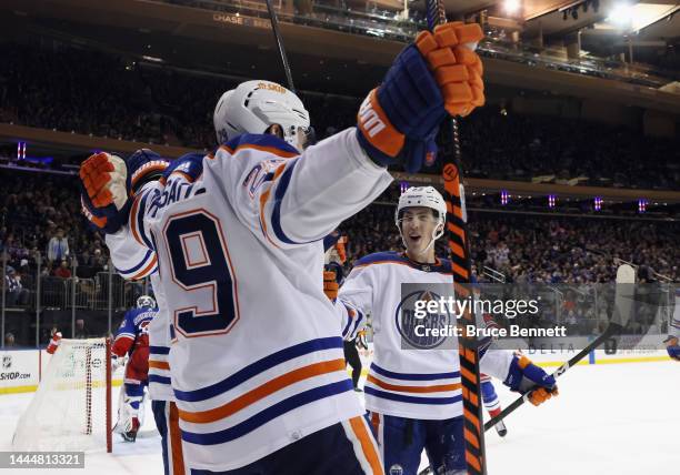Leon Draisaitl of the Edmonton Oilers scores the game-winning on the powerplay at 17:58 of the third period against the New York Rangers and is...