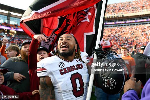 Debo Williams of the South Carolina Gamecocks celebrates their win over the Clemson Tigers at Memorial Stadium on November 26, 2022 in Clemson, South...