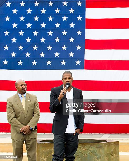 Philadelphia Mayor Michael Nutter & Jay-Z attend the press conference announcing Budweiser Made in America music festival at Philadelphia Museum of...