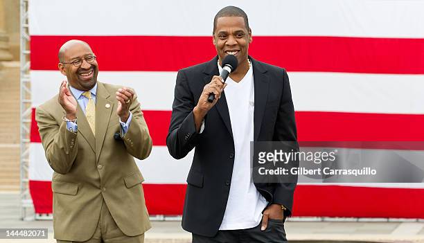 Philadelphia Mayor Michael Nutter & Jay-Z attend the press conference announcing Budweiser Made in America music festival at Philadelphia Museum of...