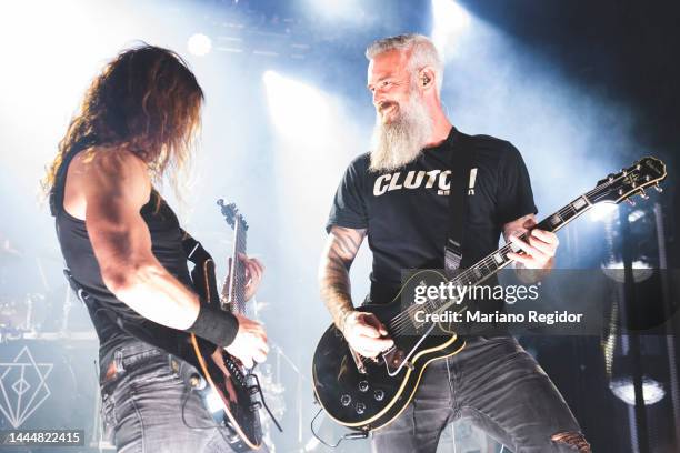 Chris Broderick and Bjorn Gelotte of the Swedish heavy metal band, In Flames, perform on stage at La Riviera on November 26, 2022 in Madrid, Spain.
