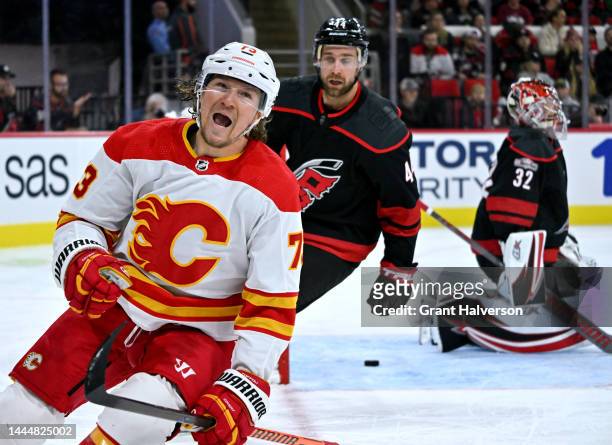 Tyler Toffoli of the Calgary Flames celebrates after scoring a goal against the Carolina Hurricanes during the second period of their game at PNC...