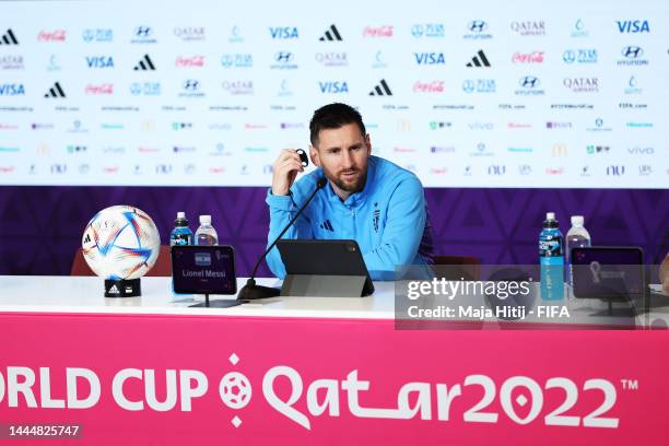 Lionel Messi of Argentina speaks to the media during a post match press conference after the FIFA World Cup Qatar 2022 Group C match between...