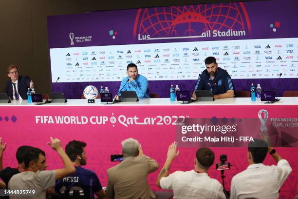 Lionel Messi of Argentina speaks to the media during a post match press conference after the FIFA World Cup Qatar 2022 Group C match between...