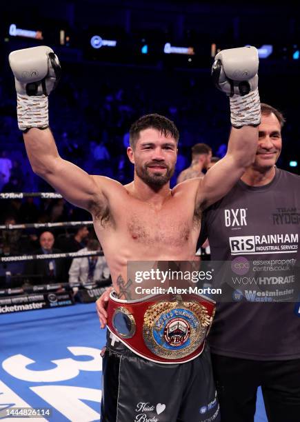 John Ryder of Great Britain celebrates victory after beating Zach Parker of Great Britain during the WBO International Super-Middleweight Title fight...