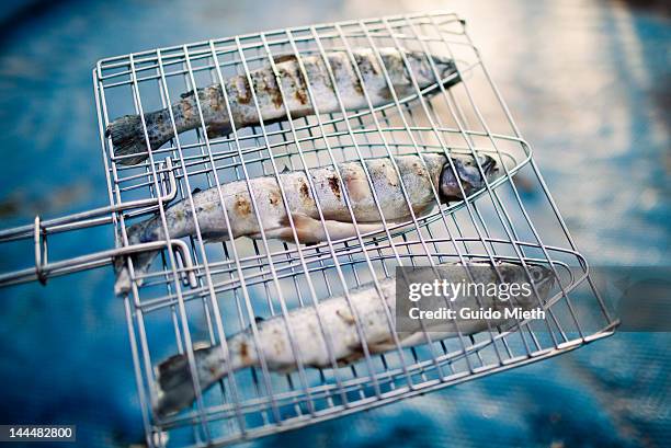 three grilled fishes - trout stock photos et images de collection