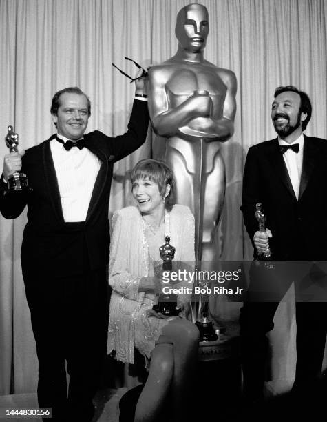 Shirley MacLaine, Jack Nicholson and James L. Brooks enjoy a winning moment together backstage at the 56th Annual Academy Awards Show, April 9, 1984...