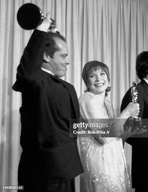 Jack Nicholson and Shirley MacLaine enjoy a winning moment together backstage at the 56th Annual Academy Awards Show, April 9, 1984 in Los Angeles,...