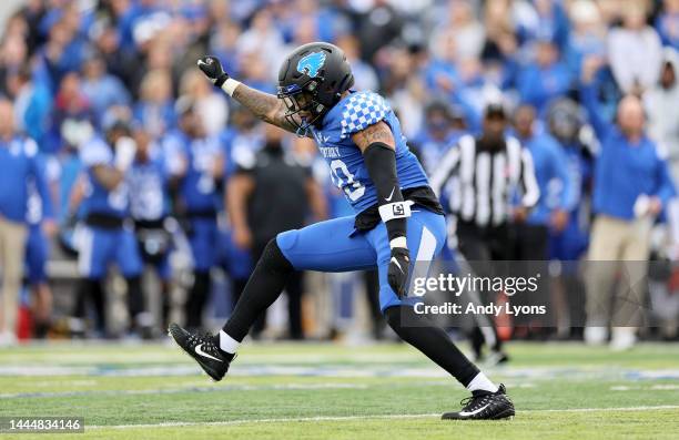 Jacquez Jones of the Kentucky Wildcats after stopping the Louisville Cardinals on fourth down at Kroger Field on November 26, 2022 in Lexington,...