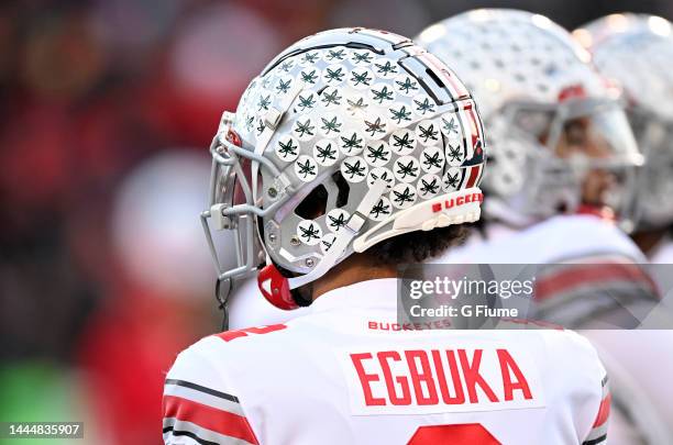 View of the achievement stickers on the helmet of Emeka Egbuka of the Ohio State Buckeyes during the game against the Maryland Terrapins at SECU...