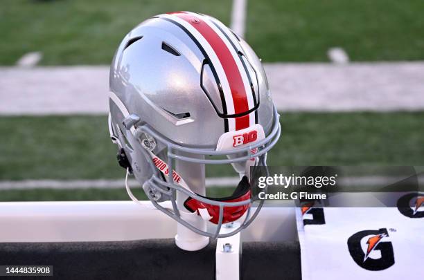 View of a Ohio State Buckeyes helmet during the game against the Maryland Terrapins at SECU Stadium on November 19, 2022 in College Park, Maryland.