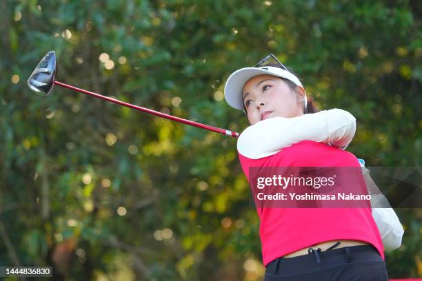 Serena Aoki of Japan hits her tee shot on the 2nd hole during the final round of the JLPGA Tour Championship Ricoh Cup at Miyazaki Country Club on...