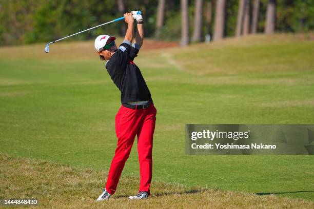 Mao Nozawa of Japan hits her second shot on the 3rd hole during the final round of the JLPGA Tour Championship Ricoh Cup at Miyazaki Country Club on...