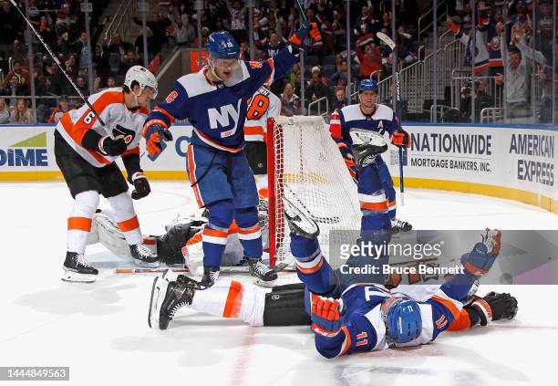 Zach Parise of the New York Islanders celebrates his powerplay goal at 16:38 of the second period against Felix Sandstrom of the Philadelphia Flyers...