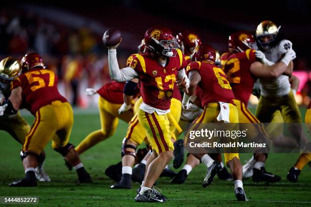 Caleb Williams of the USC Trojans throws against the Notre Dame Fighting Irish in the first half at United Airlines Field at the Los Angeles Memorial...