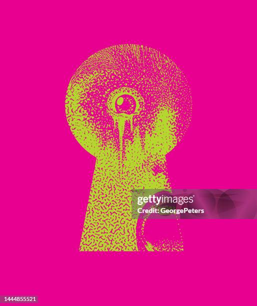 stockillustraties, clipart, cartoons en iconen met terrified eye looking through keyhole - stalker