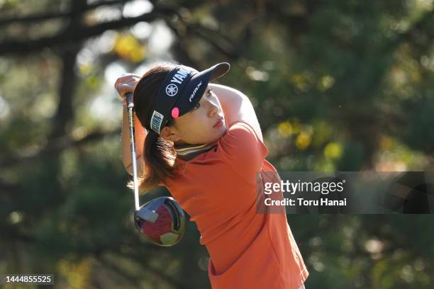Kana Nagai of Japan hits her tee shot on the 4th hole during the final round of the JLPGA Tour Championship Ricoh Cup at Miyazaki Country Club on...