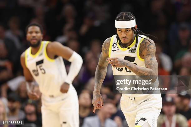 Jordan Clarkson of the Utah Jazz reacts to a three-point shot against the Phoenix Suns during the first half of NBA game at Footprint Center on...