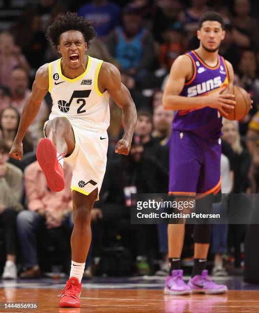 Collin Sexton of the Utah Jazz reacts after scoring against the Phoenix Suns during the first half of NBA game at Footprint Center on November 26,...