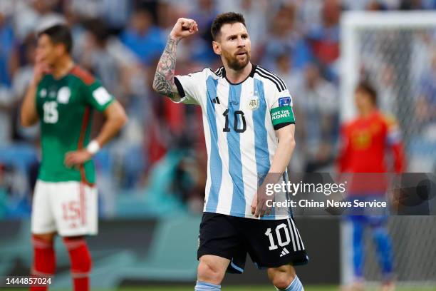 Lionel Messi of Argentina celebrates after scoring a goal during the FIFA World Cup Qatar 2022 Group C match between Argentina and Mexico at Lusail...