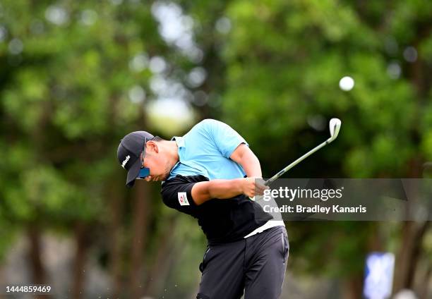 Ryo Hisatsune of Japan plays a shot on the 13th hole during Day 4 of the 2022 Australian PGA Championship at the Royal Queensland Golf Club on...