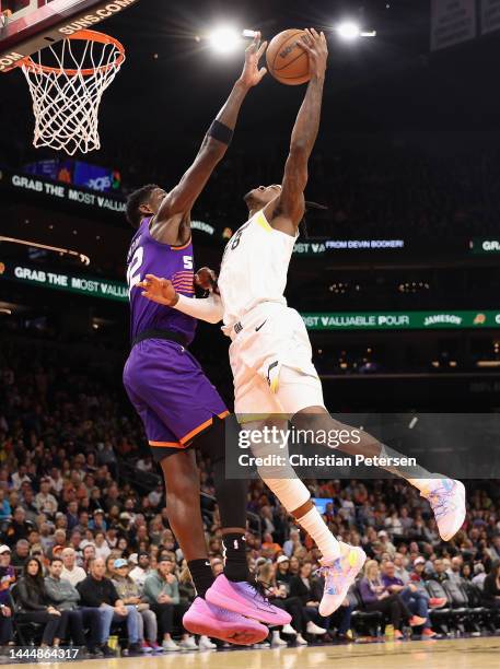 Deandre Ayton of the Phoenix Suns blocks a shot attempt from Jarred Vanderbilt of the Utah Jazz during the second half of NBA game at Footprint...