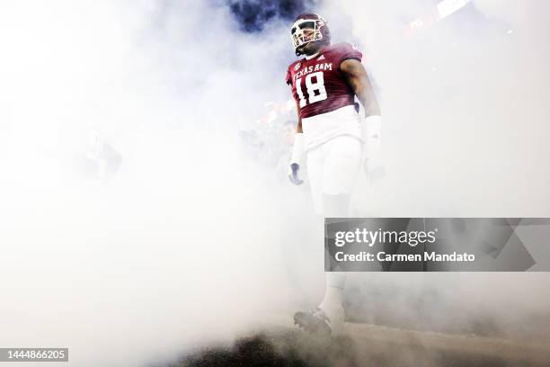 Overton of the Texas A&M Aggies enters the field to face the LSU Tigers at Kyle Field on November 26, 2022 in College Station, Texas.