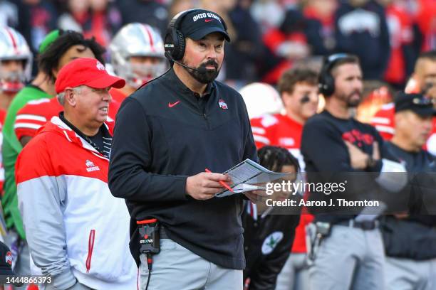 Head Football Coach Ryan Day of the Ohio State Buckeyes is seen during the second half of a college football game against the Michigan Wolverines at...