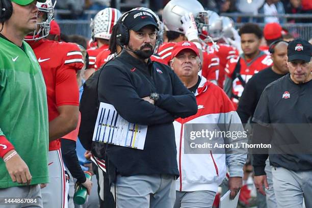 Head Football Coach Ryan Day of the Ohio State Buckeyes is seen during the second half of a college football game against the Michigan Wolverines at...